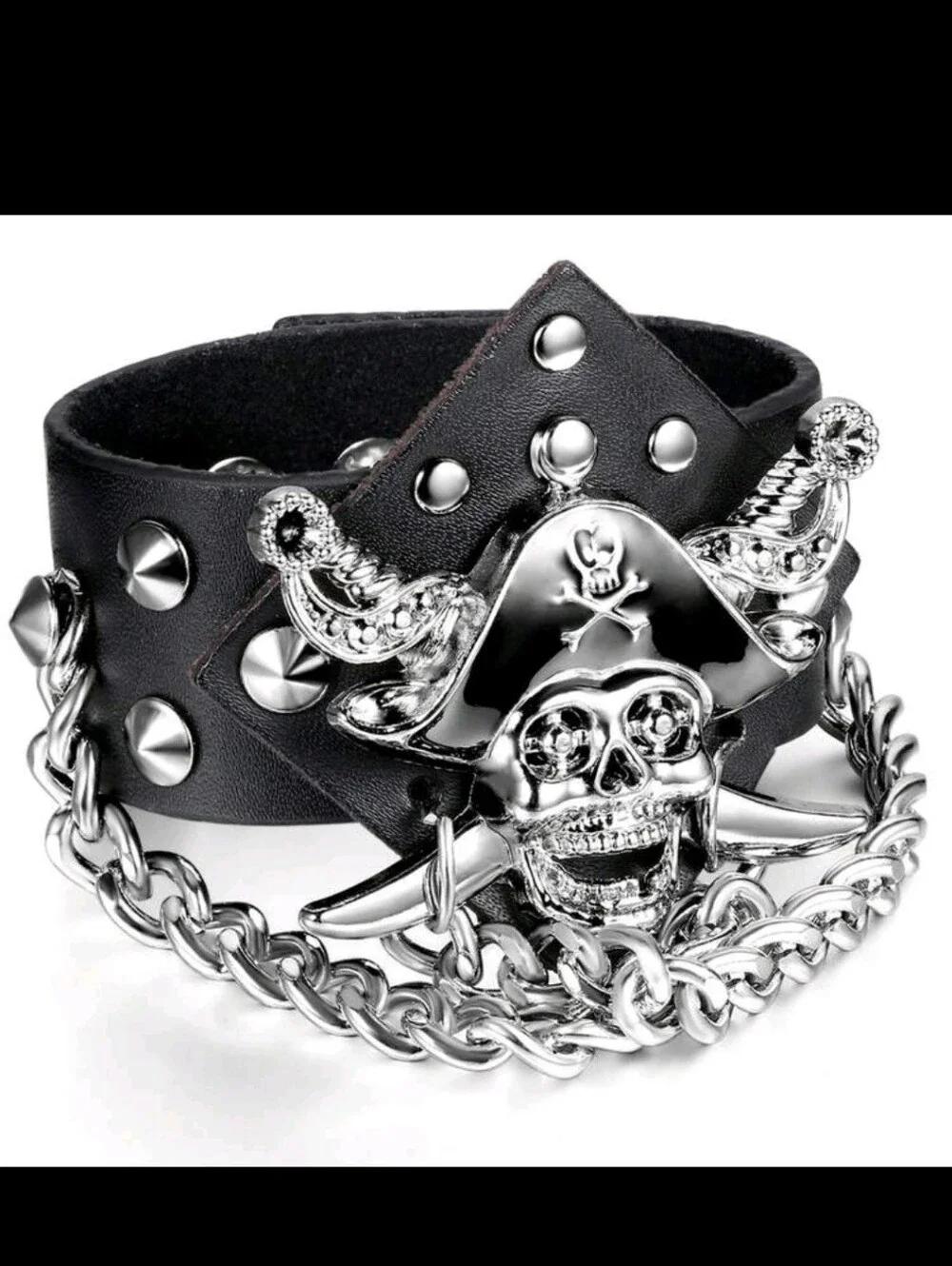 Pirate Skull Studded Leather Bracelet with Chain - Black
